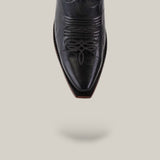 The Kellie Clayton Black Leather Sole Tall Shaft Snip Toe boot is shown from above on a light background, featuring decorative stitching and a soft shadow beneath.