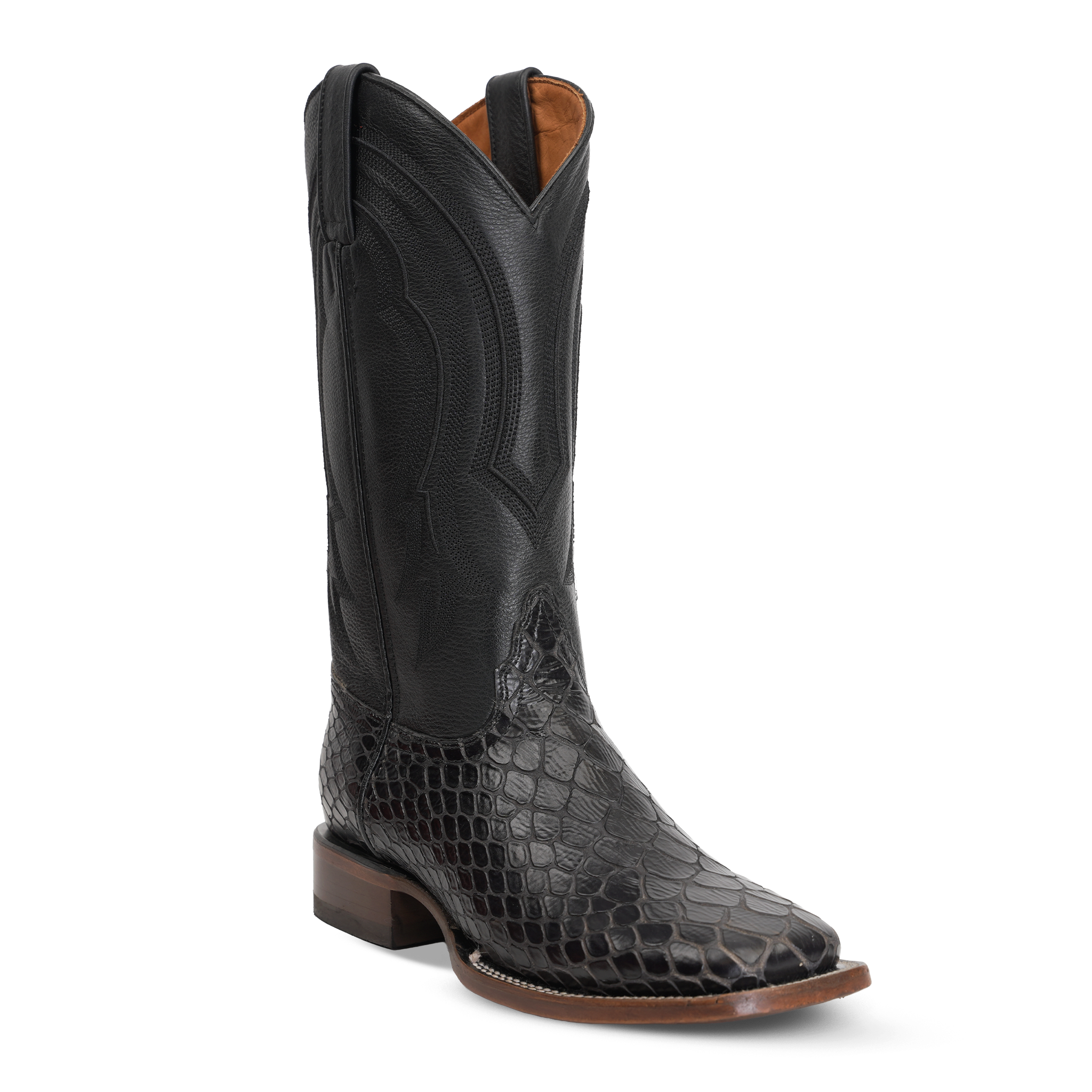 Snake Cowboy Boots- Black Embossed Leather - Square Toe (E947)