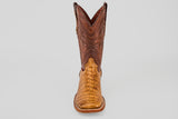 Front view of the Exotic Caiman Belly - Camel - Square Toe boot, featuring a light brown caiman leather lower and a darker brown, stitched upper shaft, displayed against a plain gray background.