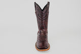 The Exotic Caiman Belly - Black Cherry cowboy boot is shown upright and front-facing, highlighting its detailed stitching, unique black cherry finish, square toe, and sleek design against a plain grey background.