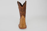The Exotic Caiman Horn Back - Biza Camel - Square Toe boot features an intricate brown leather upper and a textured, light tan lower section, displayed against a plain light gray background.