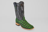 The Conor - Swamp Green - Square Toe boot features a black leather upper, bright green scale-textured lower half, wooden sole, and detailed stitching—ideal for fans of exotic Pirarucu fish boots.