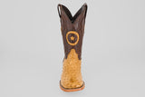 The Exotic Full Quilt Ostrich - Fawn - Square Toe boot features a tan ostrich foot, dark brown shaft, and a star emblem patch, offering timeless cowboy style with premium craftsmanship.