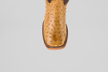 The Exotic Full Quilt Ostrich - Fawn - Square Toe boot features premium tan ostrich leather with decorative stitching, showcased from above on a plain grey background—an elegant square toe cowboy boot.