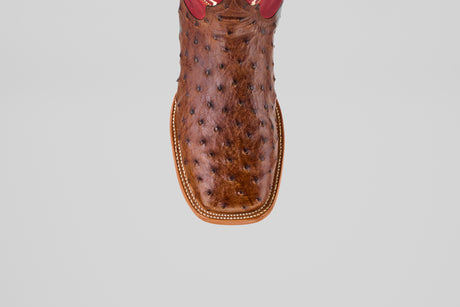 A close-up, top-down view of the Thompson - Red / Brown - Square Toe boots, showcasing decorative stitching and a square toe design.