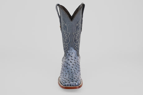 The Exotic Full Quilt Ostrich - Safari Gray - Square Toe boot is shown from the front, featuring decorative stitching, square toe, and full quill ostrich leather on a plain white background.
