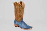 The Ridge - Blue - Square Toe boot features a brown leather upper with decorative stitching and a blue textured ostrich leather foot, highlighting its premium exotic style against a plain light gray background.