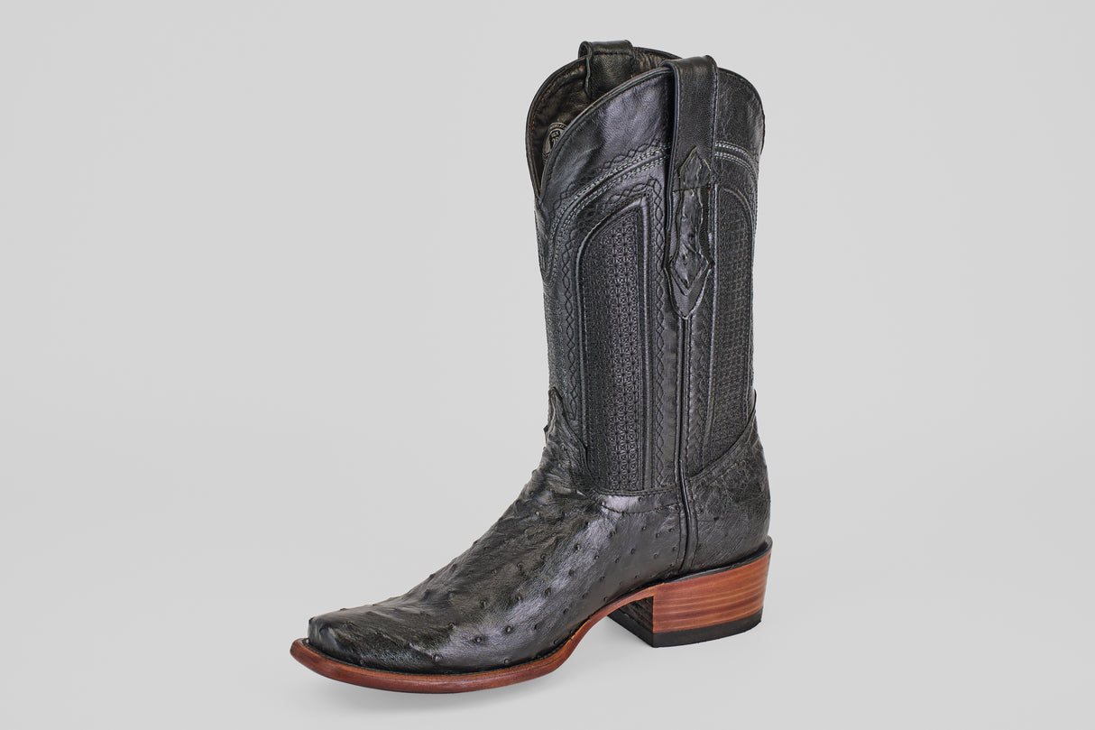 The Exotic Ostrich - Black - Narrow Square Toe boot features decorative stitching, a narrow square toe, and a wooden block heel, displayed against a plain light gray background.
