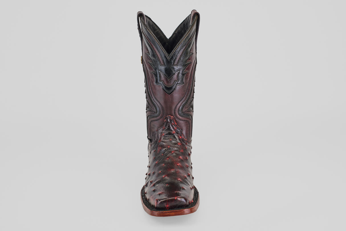 A single Exotic Ostrich - Black Cherry - Rodeo Toe cowboy boot with decorative stitching and a textured leather pattern, photographed from the front against a plain light background.