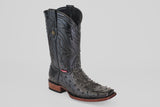 The Exotic Ostrich - Black - Rodeo Toe boot, shown solo on a light gray background, features decorative stitching, a pointed toe, and a stacked wooden heel—ideal for adding classic western flair.