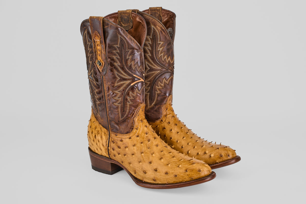 The Exotic Full Quilt Ostrich - Paja - Round Toe boots feature tan ostrich leather feet, brown shafts with decorative stitching, a round toe, low heel, and convenient pull straps for classic Western style.