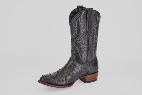 The Exotic Full Quilt Ostrich - Black - Round Toe boot features full quill ostrich leather, classic round toe design, and decorative stitching, embodying timeless Western style against a light background.