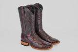 A pair of Exotic Full Quilt Ostrich boots in Black Cherry, featuring square toes and detailed stitching, displayed on a plain light gray background.