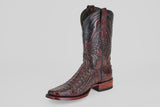The Exotic Caiman Hornback - Blackcherry - Rodeo Toe cowboy boot, featuring intricate texture, decorative stitching, and a wooden heel, is displayed against a plain white background.