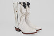 A pair of Austin - White - Round Toe boots, featuring decorative stitching, textured leather, round toes, and brown stacked heels with distinctive oval patterns, displayed on a plain light background.