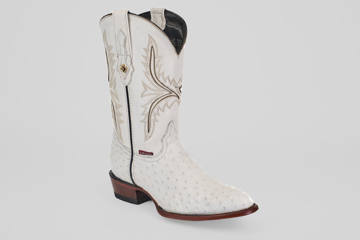 A single Austin - White - Round Toe ostrich leather cowboy boot with decorative stitching, round toe, dark brown sole, and low heel is displayed against a plain light gray background. Model: AV230.