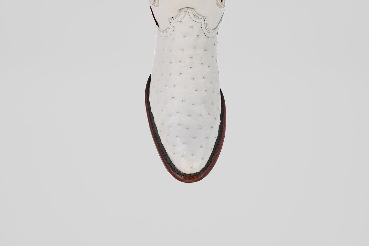 A top-down view of a single Austin - White - Round Toe ostrich leather cowboy boot with a round toe and dark brown sole, set against a plain light background.