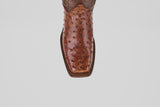 A close-up of the Austin - Brown - Rodeo Toe cowboy boot, showcasing square toe design, avestruz leather with quill bumps, and stitched detailing against a white background. Ideal for rodeo enthusiasts.