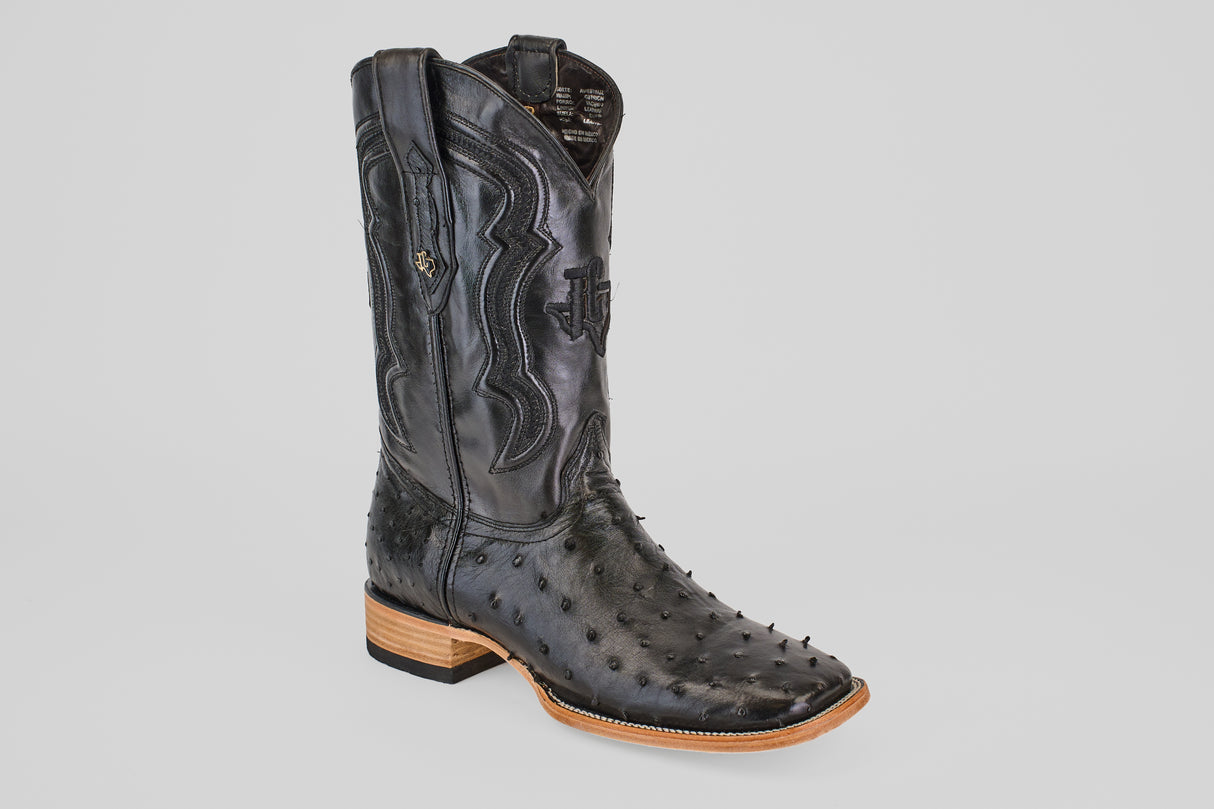 The Austin - Black - Square Toe cowboy boot features textured black leather with an avestruz pattern, detailed stitching, a square toe, and a light stacked heel, shown against a plain light background.