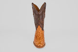 The Austin - Brandy - Roper Toe is a men's cowboy boot featuring a brown leather upper and light tan textured ostrich leather lower, shown upright on a plain white background. Ideal for fans of classic ostrich leather boots.