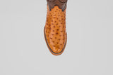 The Austin - Brandy - Roper Toe is a single tan and brown ostrich leather cowboy boot with a textured, spotted pattern, shown from above on a plain white background.