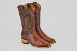 The Austin - Tabaco - Roper Toe men's cowboy boots, made from brown ostrich leather with classic roper toes, detailed stitching, and wooden heels, are displayed side by side on a light gray background.