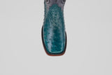 Top view of Austin - Gasoline Green - Square Toe men's western boots made from turquoise ostrich leather with a brown sole, displayed on a white background.
