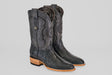 The Austin Leg - Black - Roper Toe boots feature intricate stitching, embossed star designs, decorative pull straps, and a light brown wooden heel and toe, pictured side by side on a light gray background.