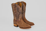 A pair of Tanner - Tamarindo - Round Toe cowboy boots in brown python leather, featuring intricate shaft stitching and a wooden heel, are positioned side by side on a light gray background.