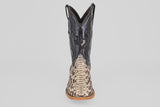 The Tanner - Natural - Square Toe cowboy boot features a textured Python Natural lower and a black leather upper with a stitched Texas outline and star, shown from the front against a plain background.