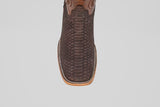 A close-up top view of the Tanner - Matte Brown - Square Toe cowboy boot, crafted in brown with a square toe and decorative stitching, set against a plain white background.