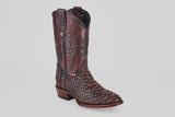 The Tanner Jumbo - Black Cherry - Round Toe is a single cowboy boot made of python leather with a scale-like texture, decorative stitching, and a low wooden heel, shown against a light gray background.