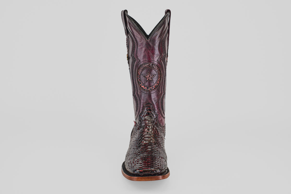 A single dark brown, textured cowboy boot with a square toe and decorative stitching, Tanner - Black Cherry - Square Toe, is photographed against a plain white background.