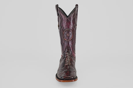 A single dark brown, textured cowboy boot with a square toe and decorative stitching, Tanner - Black Cherry - Square Toe, is photographed against a plain white background.