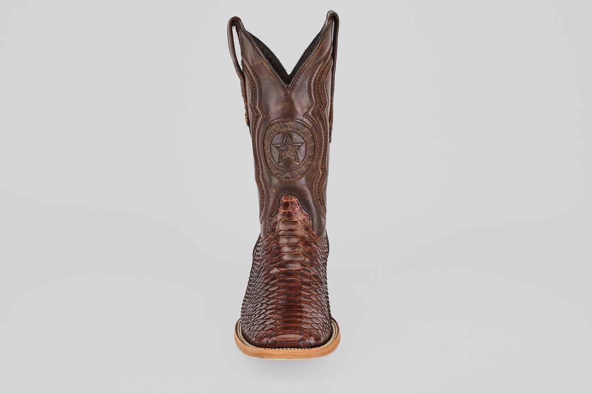 The Tanner - Brown - Square Toe cowboy boot features a star emblem and textured pattern, model 501-N, displayed from the front against a plain light gray background.