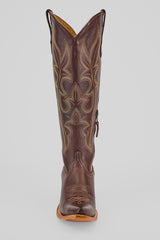 The Allison Dark Moka Tall Shaft Snip Toe boot for women, in dark mocha leather with detailed light stitching on the shaft, is shown from the front against a plain light background.
