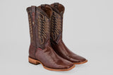 The Blaze – Brown – Square Toe Cowboy Boots feature decorative stitching on the shafts and a textured pattern on the feet, shown against a light gray background.