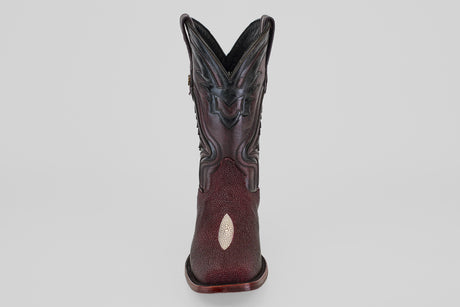 The Ranger – Wine – Rodeo Toe boot is shown from the front in dark brown with intricate stitching and a lighter oval rodeo toe patch, set against a plain light gray background.