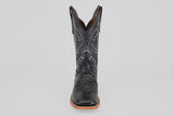 A single Caiman Belly Black - Embossed Leather - Square Toe (E423) boot featuring crocodile-like textured patterns and decorative stitching, shown front-facing against a plain light gray background.
