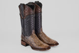 The Tanner Platinum - Dune - Square Toe (Imperial) boots feature patterned brown leather shafts, textured light brown python vamps, and low stacked heels, all showcased against a plain background.