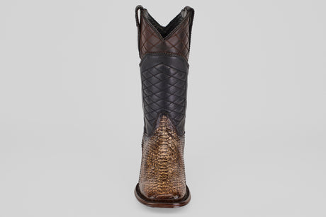 The Tanner Platinum - Dune - Square Toe (Imperial) is a men's cowboy boot featuring a patterned dark upper and textured brown python-like lower, shown from the front on a plain light background.