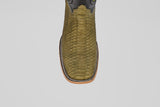 A top view of the Tanner - Green Jungle - Square Toe boot shows its olive green python leather, square toe, decorative stitching around the sole, and light brown outsole, embodying classic western style against a plain light background.