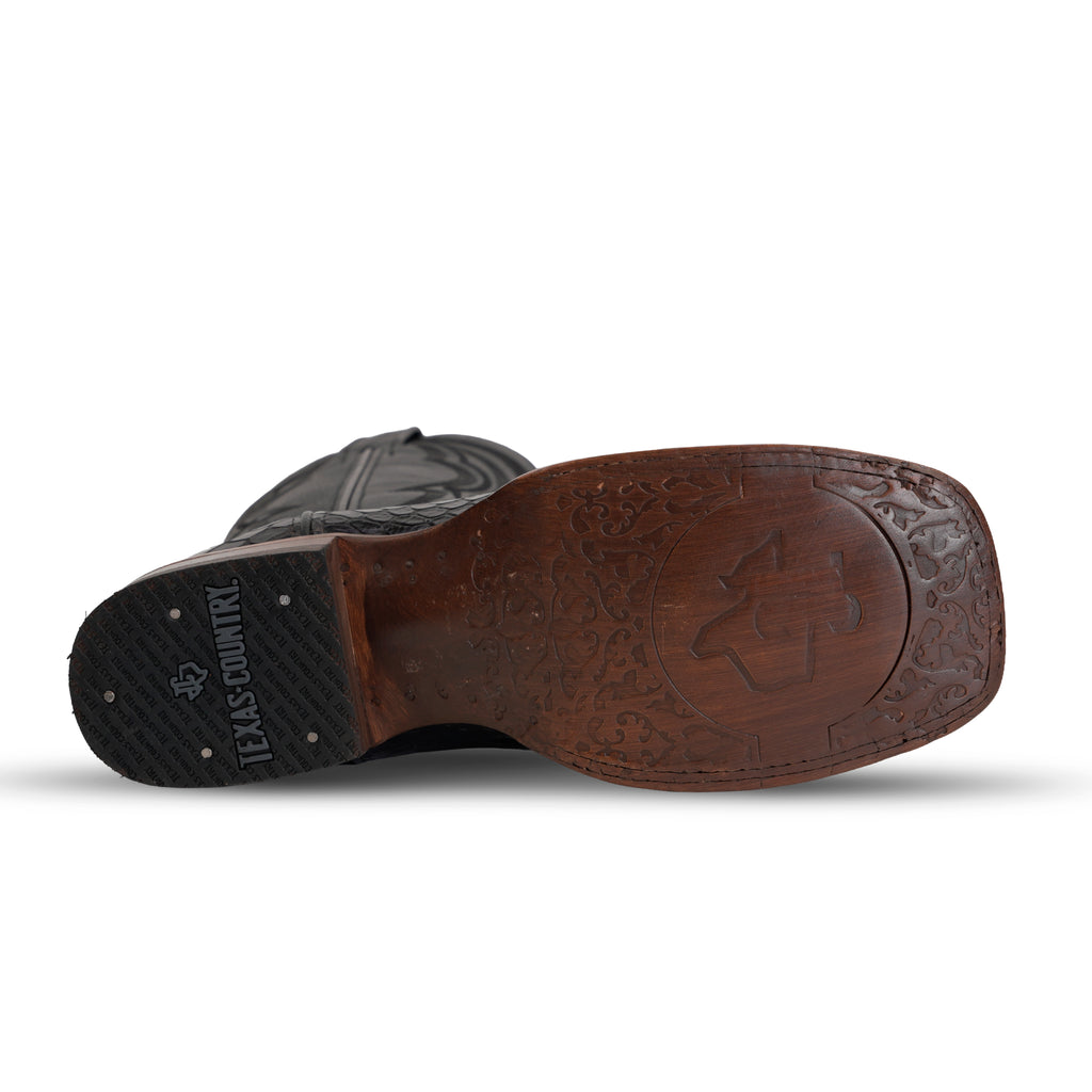 Snake Cowboy Boots- Black Embossed Leather - Square Toe (E947)