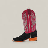 Colt - Black - Square Toe mens boot with a premium black suede square toe, wooden heel, and tall red leather shaft with white zigzag stitching, shown on a plain light background.