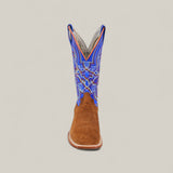 Front view of the Bronson - Gold - Square Toe mens boot, featuring a brown suede foot and tall shaft with blue and orange embroidery. Set against a light background. A standout piece for any square toe boot collection.