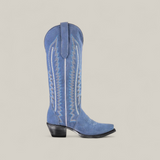 The Elizabeth Light Blue - Tall Shaft - Snip Toe womens cowboy boot, featuring decorative white stitching, a snip toe, angled heel, and pull strap, is shown against a plain beige background.