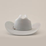 The 100X Independecia Platinum is a light grey cowboy hat from the Larry Mahan collection, featuring a wide brim and a stylish silver band, set on a smooth, neutral background.