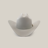 The 500X Superior Platinum cowboy hat is a luxury Western accessory featuring a wide brim and creased crown, crafted from premium belly beaver fur in plain white.