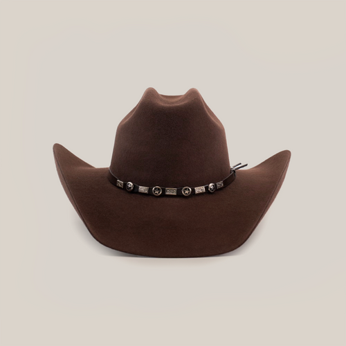 The 6X Bull Brown is a luxury western hat crafted from premium felt. It features a wide brim and a decorative band with small star-shaped embellishments circling the base of the crown, all photographed against a plain white background.