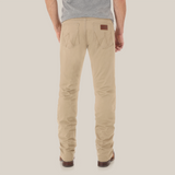 Someone is wearing Mens Wrangler Retro Slim Fit Straight Leg Pants from 1088MWZFN, styled with a brown belt and boots. The upper body features a gray T-shirt against a simple white background.